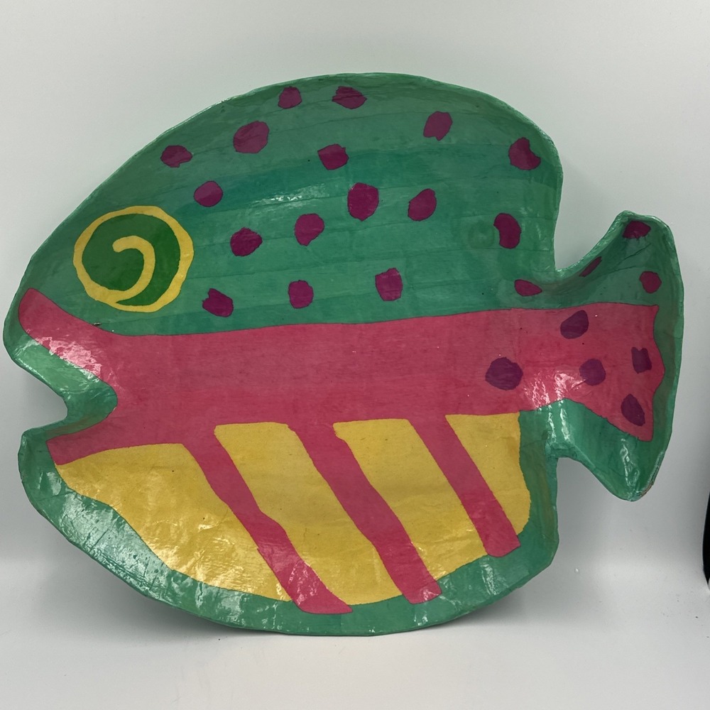 VTG Pier 1 Paper Mache FIsh Shaped Bowl Tray Large Colorful Tropical Decor Art